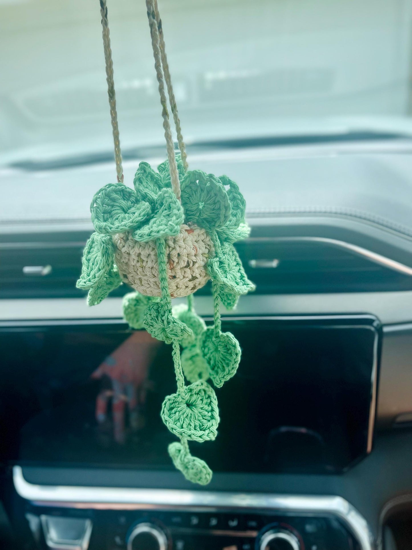 CUSTOM MADE TO ORDER Handmade Crochet Strawberry/Leaf Car Accessary Hanging Plant with Leaves/Flower