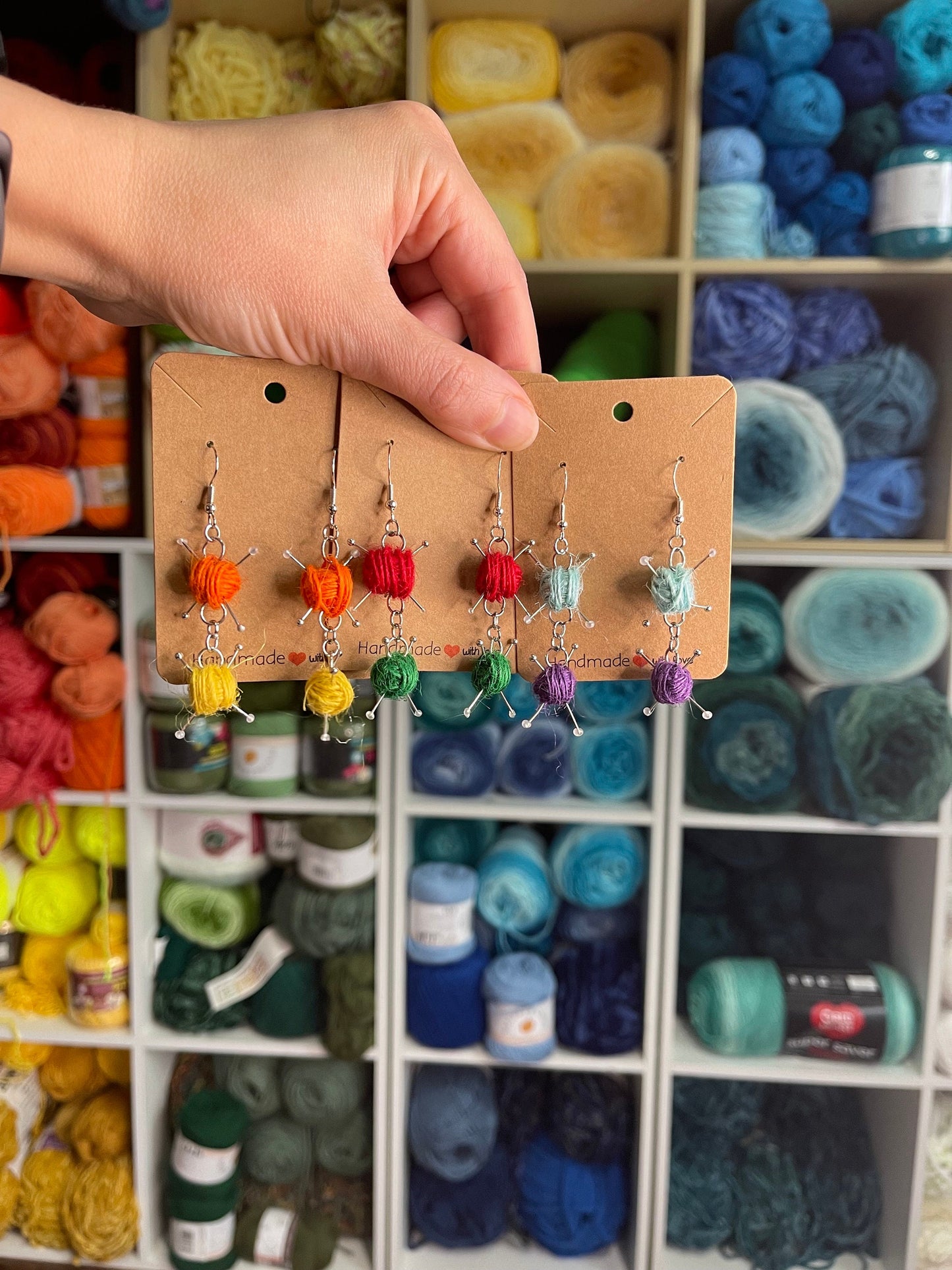 Knitting Handmade Yarn Dangle Sterling Silver Earrings Ball of Yarn Skein