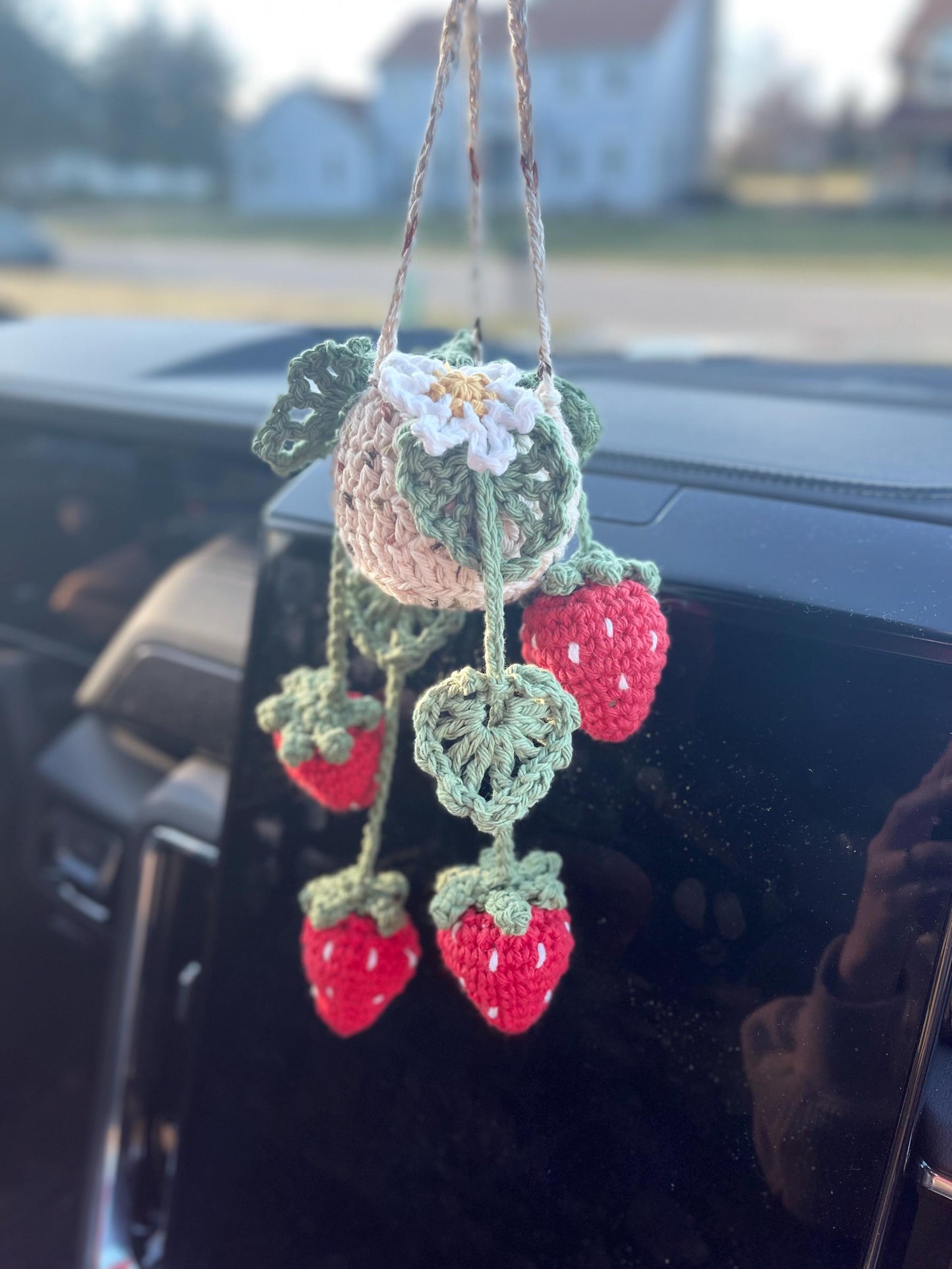 CUSTOM MADE TO ORDER Handmade Crochet Strawberry/Leaf Car Accessary Hanging Plant with Leaves/Flower