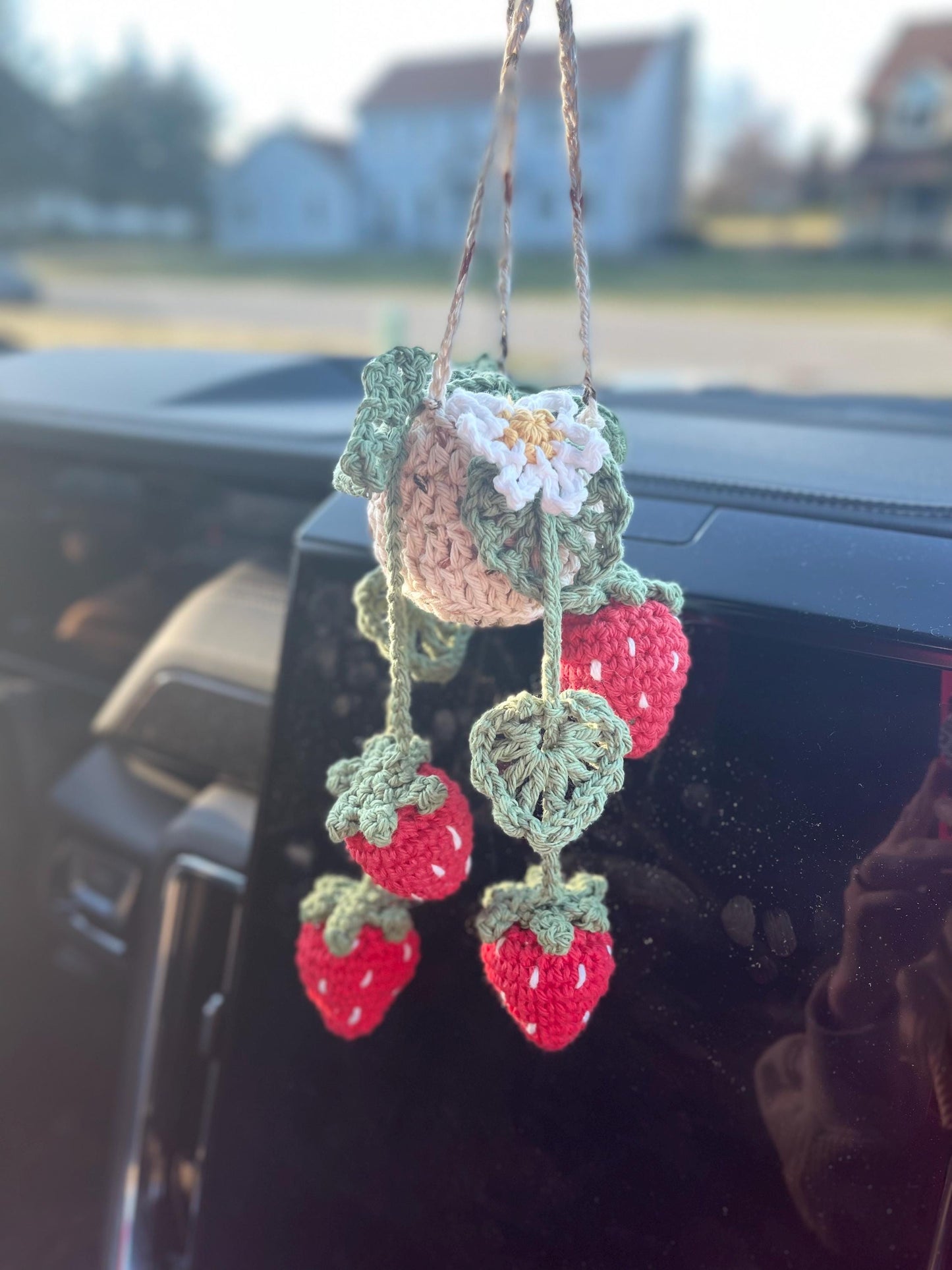 CUSTOM MADE TO ORDER Handmade Crochet Strawberry/Leaf Car Accessary Hanging Plant with Leaves/Flower