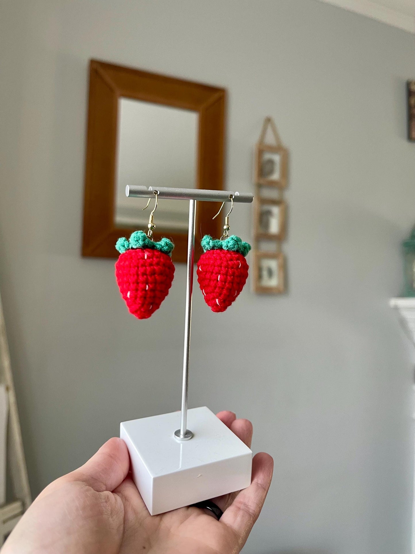 Handmade Strawberry Dangle Crochet Earrings