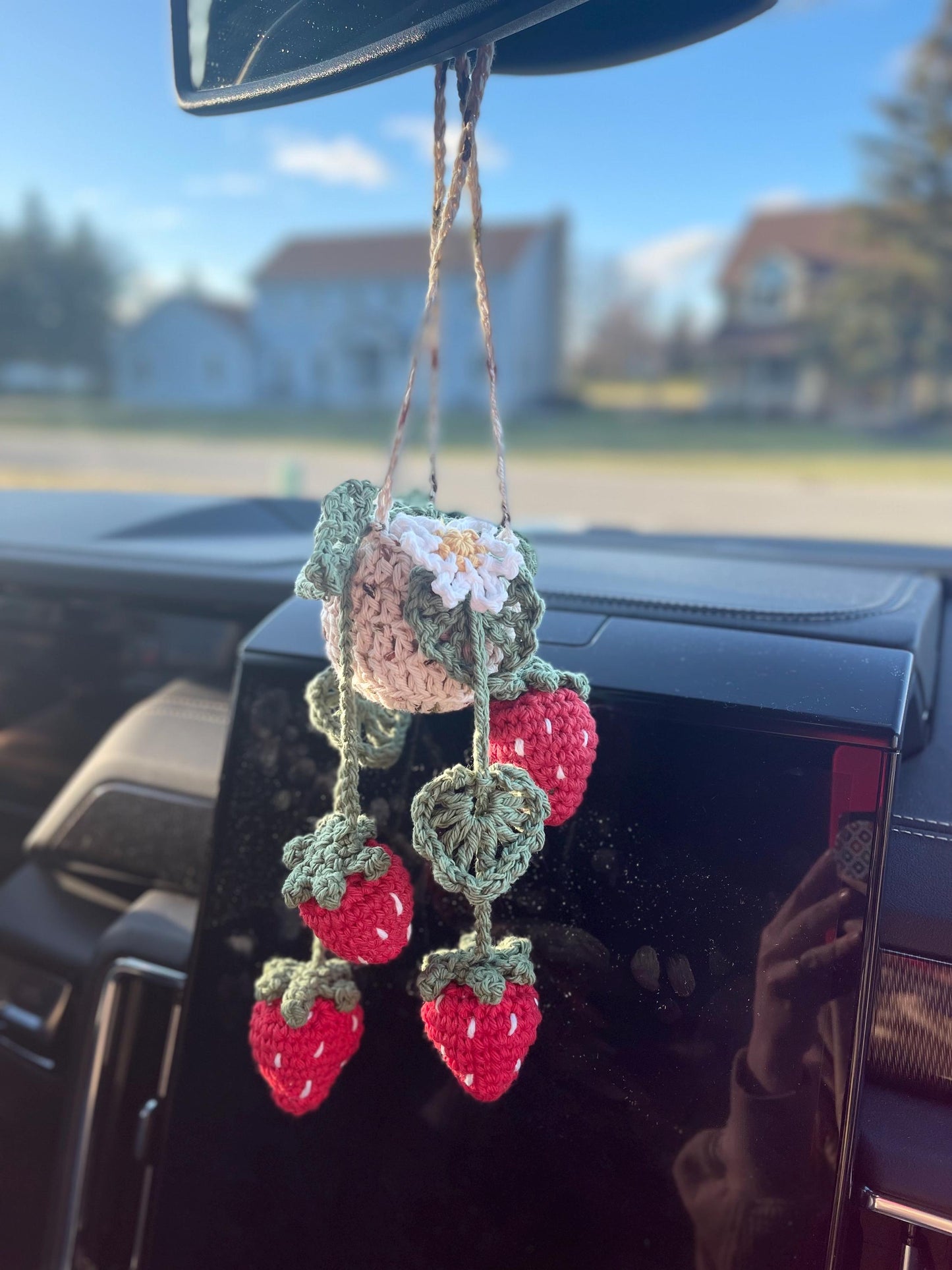 CUSTOM MADE TO ORDER Handmade Crochet Strawberry/Leaf Car Accessary Hanging Plant with Leaves/Flower