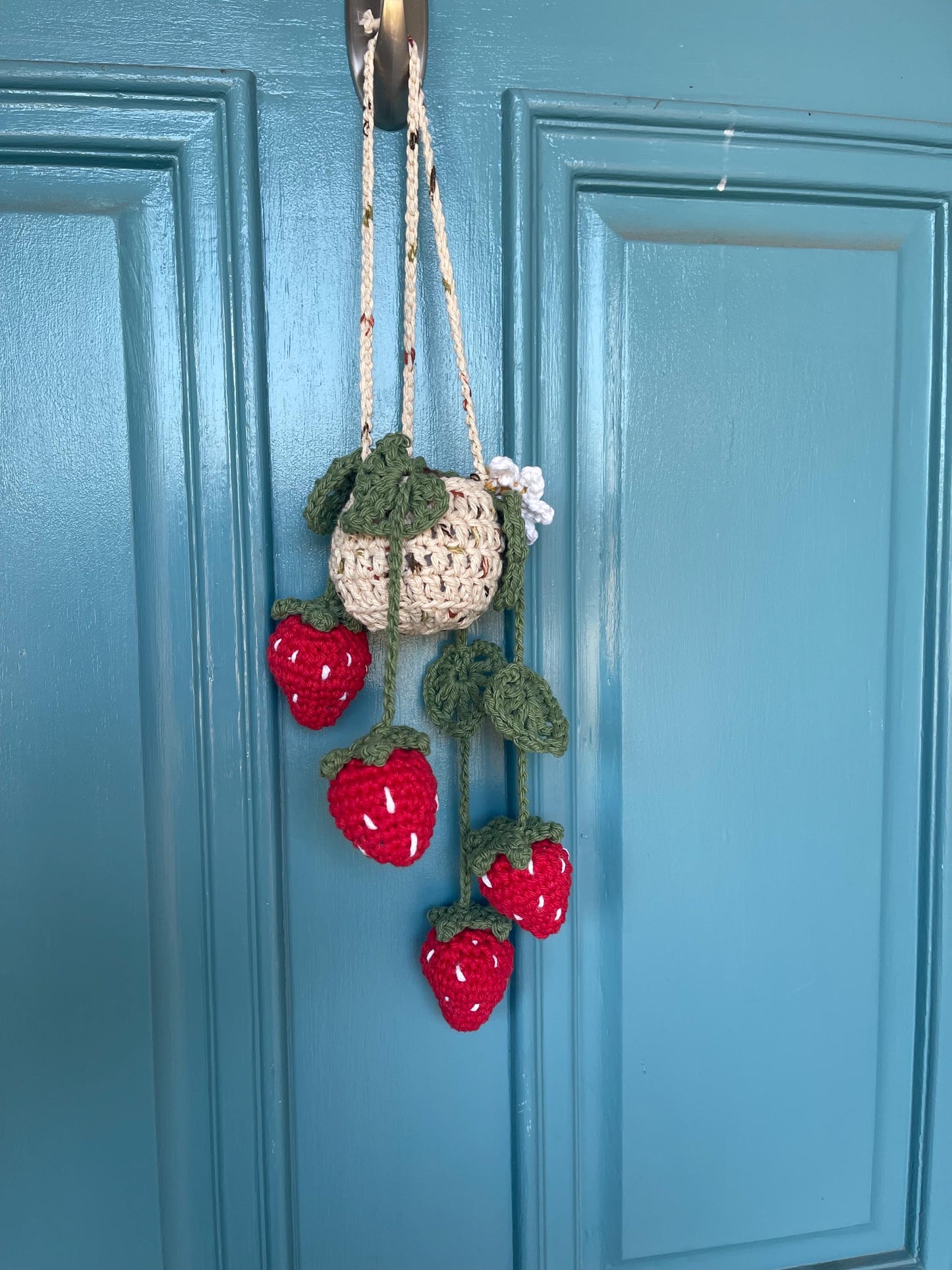 CUSTOM MADE TO ORDER Handmade Crochet Strawberry/Leaf Car Accessary Hanging Plant with Leaves/Flower