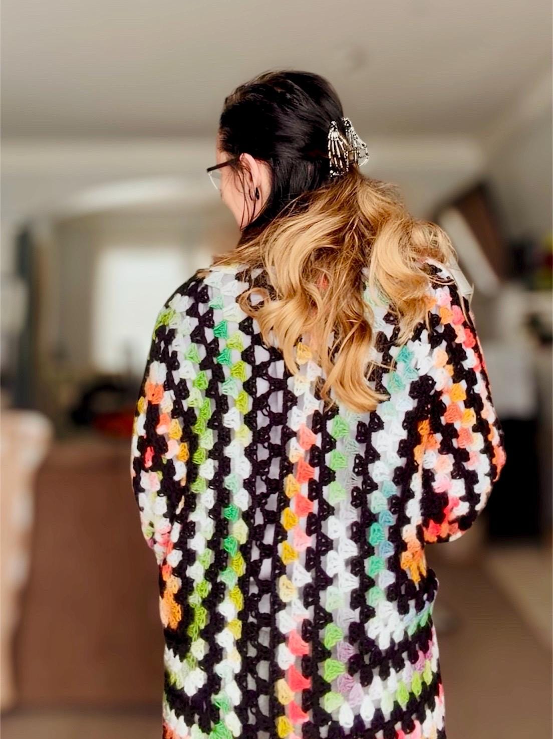 CUSTOM MADE TO ORDER Oversized Cardigan Unisex Handmade Granny Stitch Hexagon Cardigan with Ribbed Cuffs