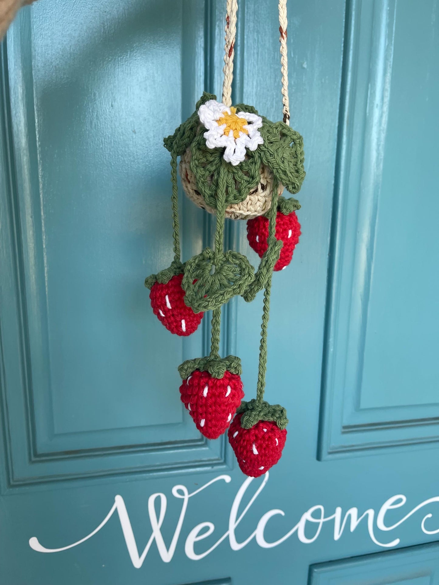 CUSTOM MADE TO ORDER Handmade Crochet Strawberry/Leaf Car Accessary Hanging Plant with Leaves/Flower
