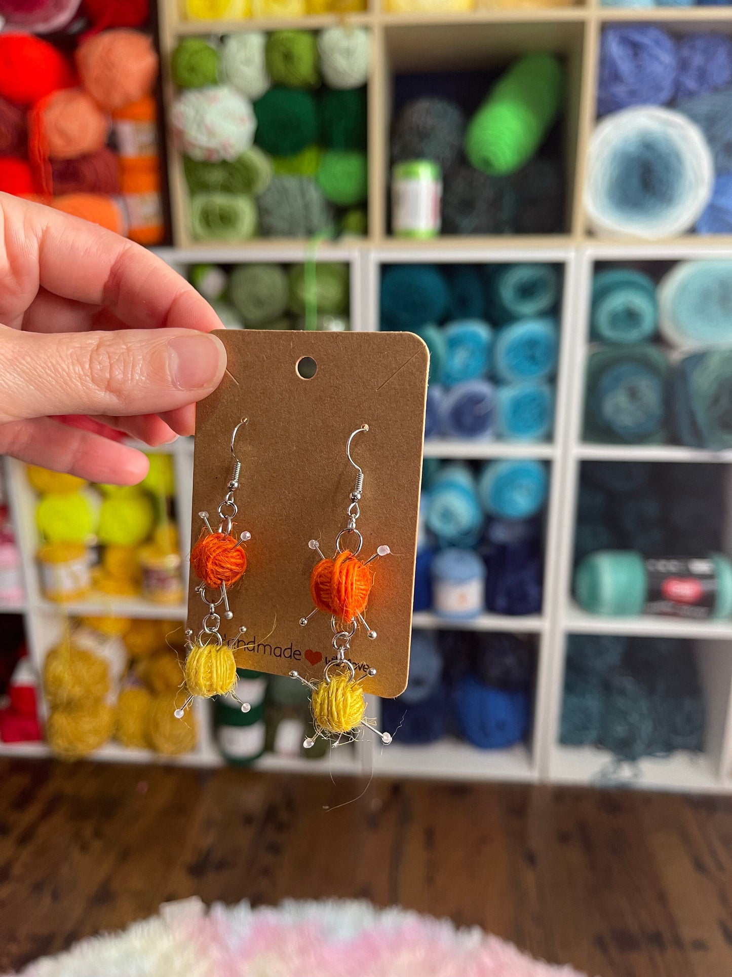 Knitting Handmade Yarn Dangle Sterling Silver Earrings Ball of Yarn Skein