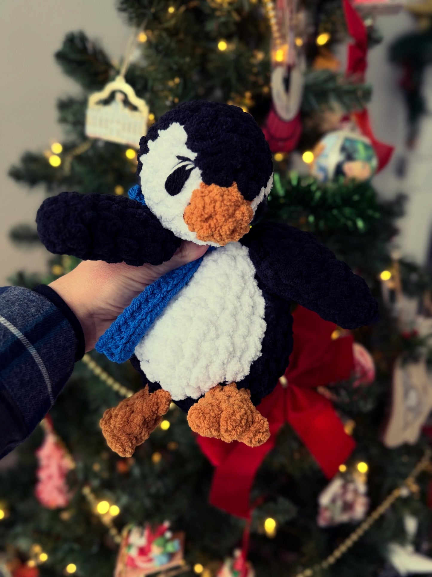 CUSTOM Made To Order Handmade Crochet Penguin Lovey Plushie With Blue Scarf Embroidered Eyes