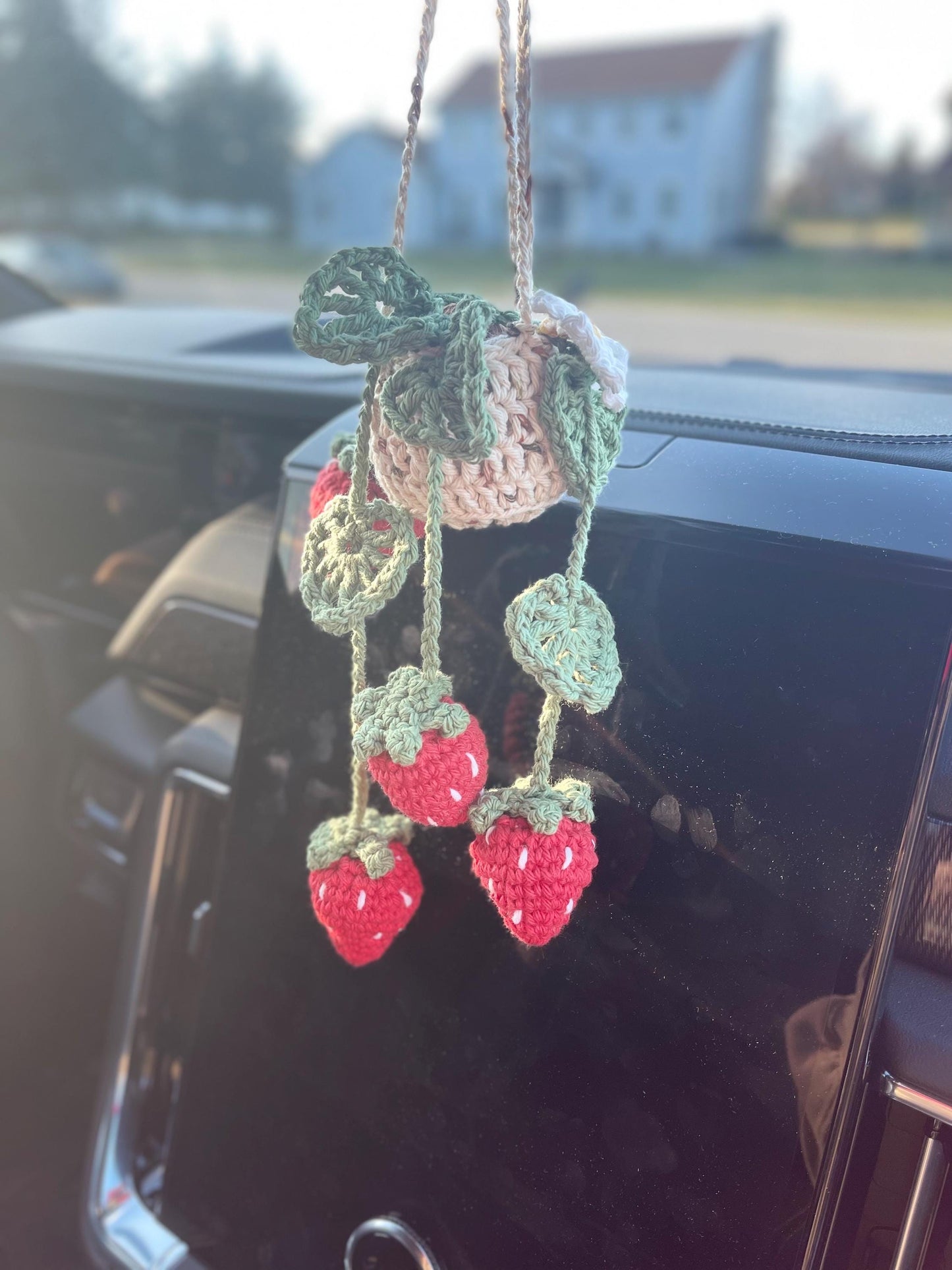CUSTOM MADE TO ORDER Handmade Crochet Strawberry/Leaf Car Accessary Hanging Plant with Leaves/Flower