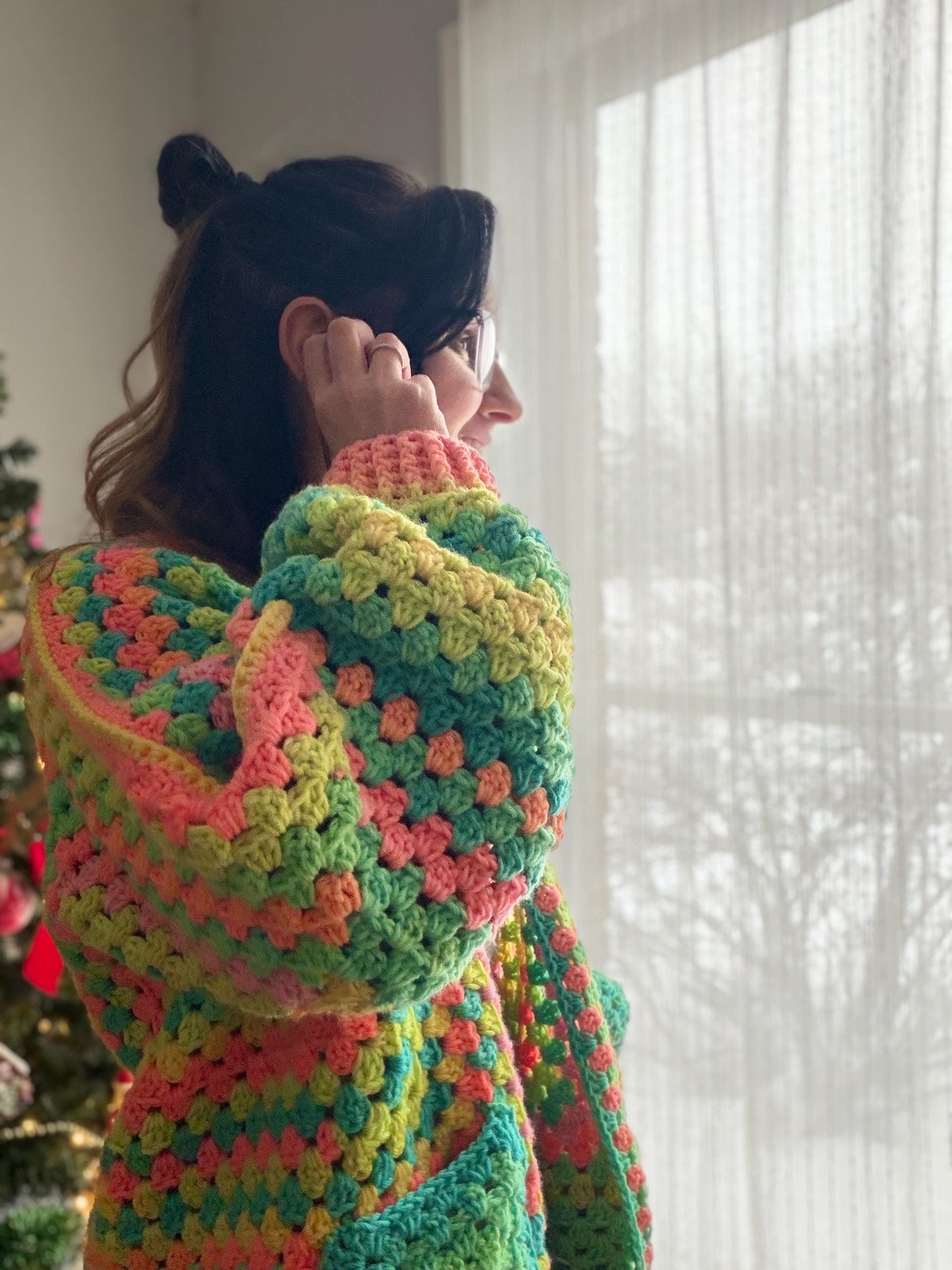 CUSTOM Made To Order Handmade Crochet Rainbow Hexagon Cardigan: Retro Style