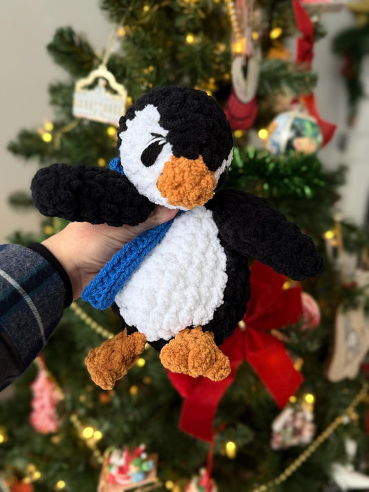 CUSTOM Made To Order Handmade Crochet Penguin Lovey Plushie With Blue Scarf Embroidered Eyes
