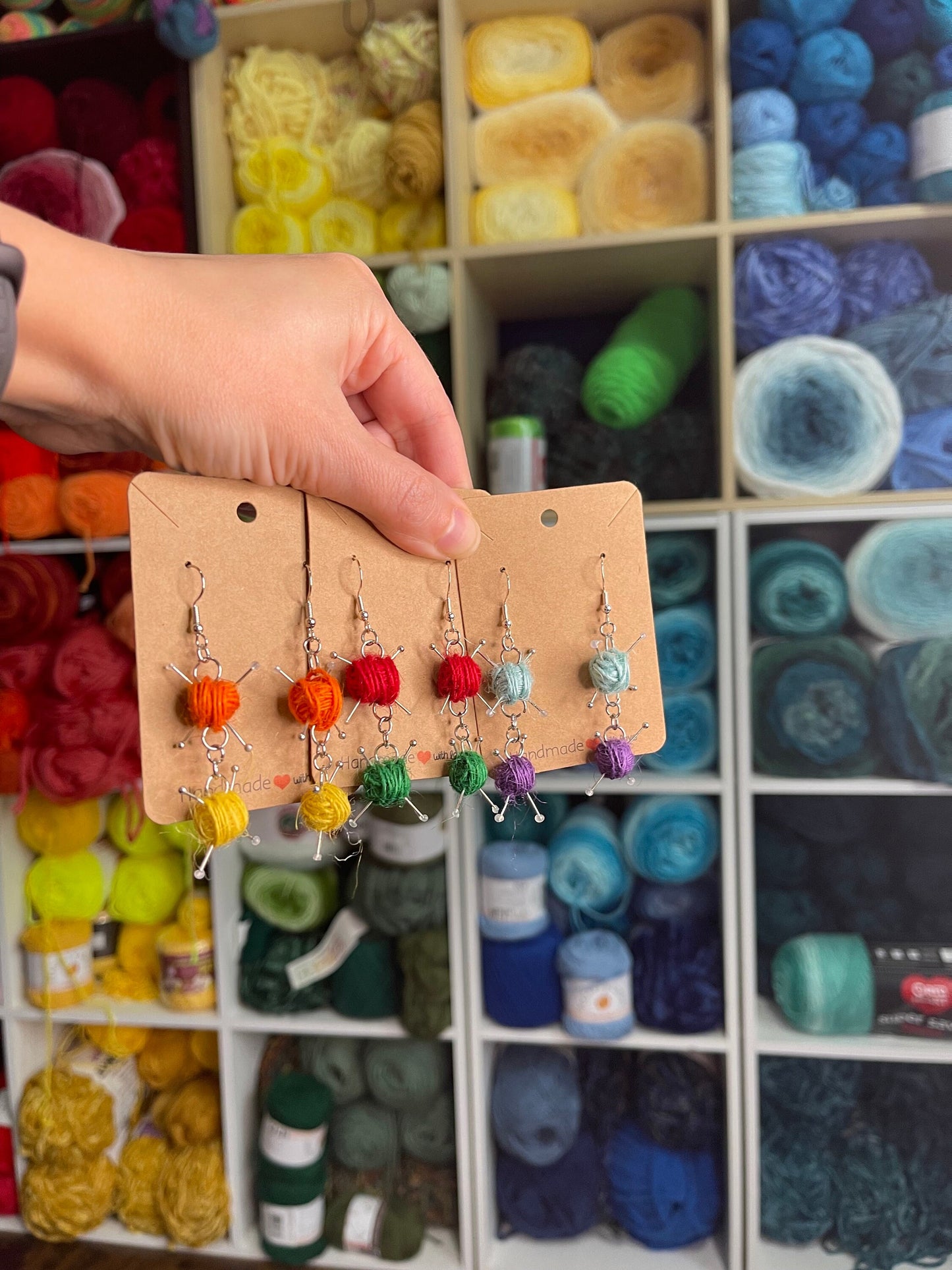 Knitting Handmade Yarn Dangle Sterling Silver Earrings Ball of Yarn Skein