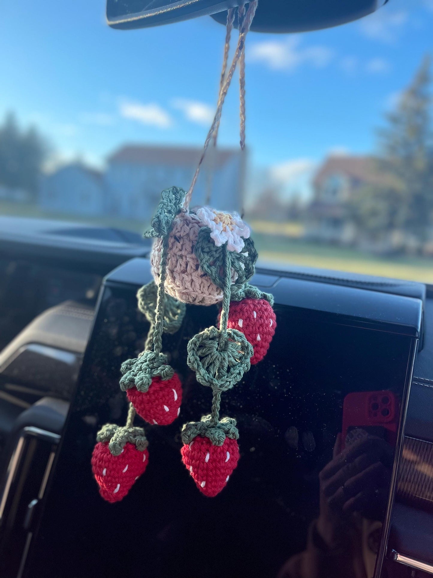 CUSTOM MADE TO ORDER Handmade Crochet Strawberry/Leaf Car Accessary Hanging Plant with Leaves/Flower